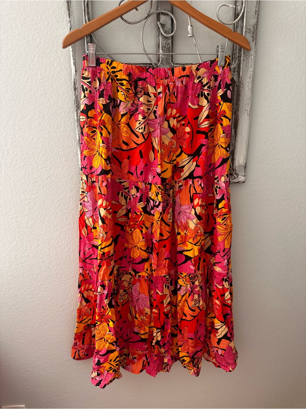 Vibrant Floral Tiered Maxi Skirt - Pink & Orange